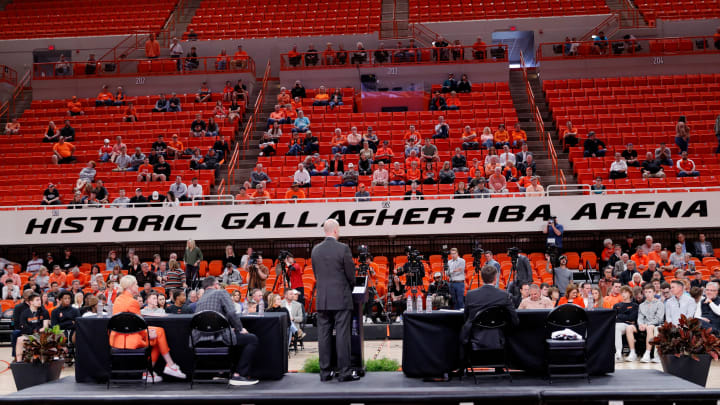 New Oklahoma State University head men's basketball coach Steve Lutz speaks during an introduction