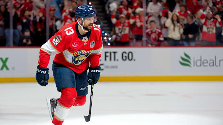 Sam Reinhart celebrates a goal against the Oilers.