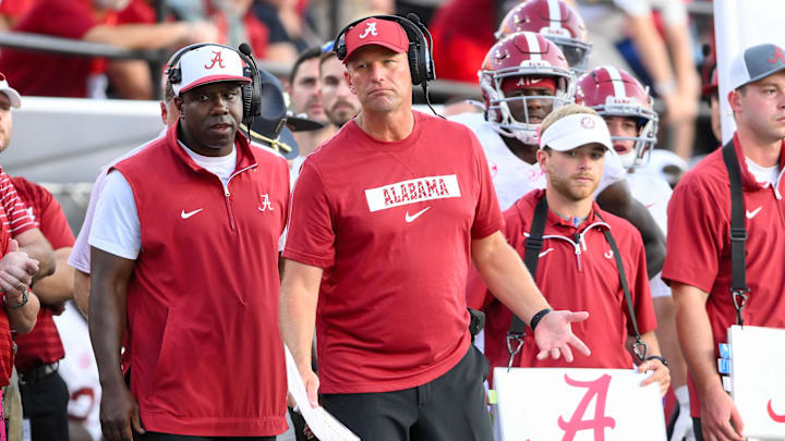 Oct 5, 2024; Nashville, Tennessee, USA;  Alabama Crimson Tide head coach Kalen DeBoer gestures on the sidelines against the Vanderbilt Commodores during the second half at FirstBank Stadium. Mandatory Credit: Steve Roberts-Imagn Images