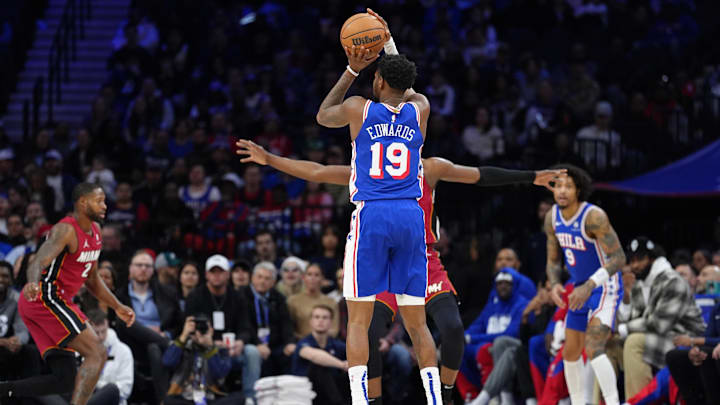 Feb 5, 2025; Philadelphia, Pennsylvania, USA; Philadelphia 76ers forward Justin Edwards (19) shoots the ball against the Miami Heat in the first quarter at Wells Fargo Center. Mandatory Credit: Kyle Ross-Imagn Images
