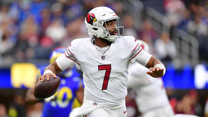 Jan 4, 2026; Inglewood, California, USA;  Arizona Cardinals quarterback Jacoby Brissett (7) looks to throw downfield against the Los Angeles Rams during the first half at SoFi Stadium. Mandatory Credit: Gary A. Vasquez-Imagn Images