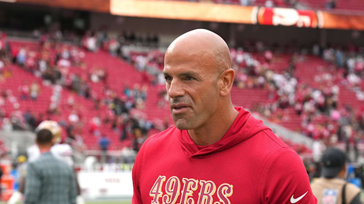 Sep 28, 2025; Santa Clara, California, USA; San Francisco 49ers defensive coordinator Robert Saleh walks off of the field after the game against the Jacksonville Jaguars at Levi's Stadium. Mandatory Credit: Darren Yamashita-Imagn Images