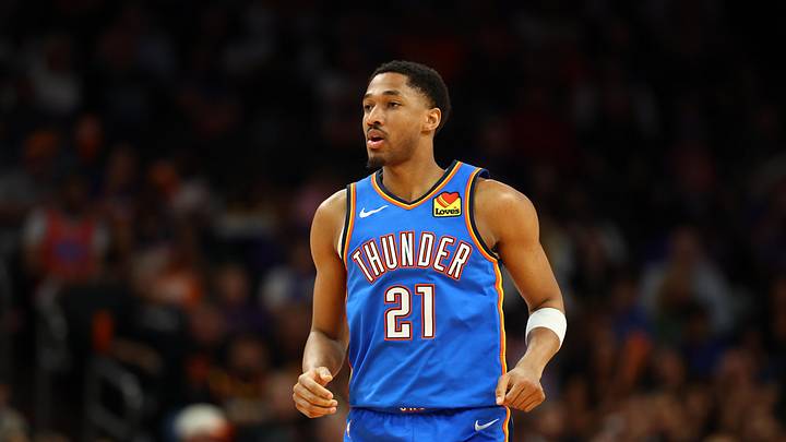 Apr 27, 2026; Phoenix, Arizona, USA; Oklahoma City Thunder guard Aaron Wiggins (21) against the Phoenix Suns during game four of the first round of the 2026 NBA Playoffs at Mortgage Matchup Center. Mandatory Credit: Mark J. Rebilas-Imagn Images
