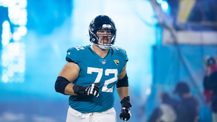 Jan 14, 2023; Jacksonville, Florida, USA; Jacksonville Jaguars offensive tackle Walker Little (72) against the Los Angeles Chargers during a wild card playoff game at TIAA Bank Field. Mandatory Credit: Mark J. Rebilas-Imagn Images