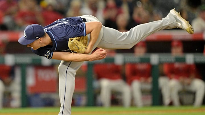 Apr 8, 2024; Anaheim, California, USA; Tampa Bay Rays pitcher Jacob Waguespack (40) pitches in the sixth inning against the Los Angeles Angels at Angel Stadium. Mandatory Credit: Jayne Kamin-Oncea-Imagn Images Apr 8, 2024; Anaheim, California, USA; Tampa Bay Rays pitcher Jacob Waguespack (40) pitches in the sixth inning against the Los Angeles Angels at Angel Stadium. Mandatory Credit: Jayne Kamin-Oncea-Imagn Images