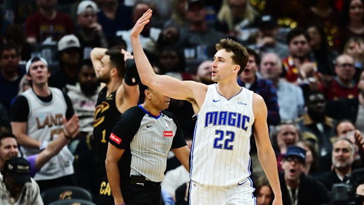 Apr 30, 2024; Cleveland, Ohio, USA; Orlando Magic forward Franz Wagner (22) reacts after a basket