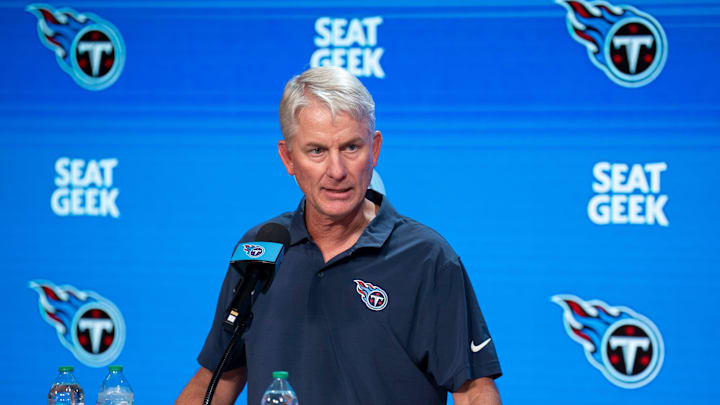 Tennessee Titans interim head coach Mike McCoy speaks to the media during his first press conference as interim head coach at Ascension Saint Thomas Sports Park in Nashville, Tenn., Tuesday, Oct. 14, 2025. Titans head coach Brian Callahan was fired Monday after leading the team to a 4-19 record over his tenure.