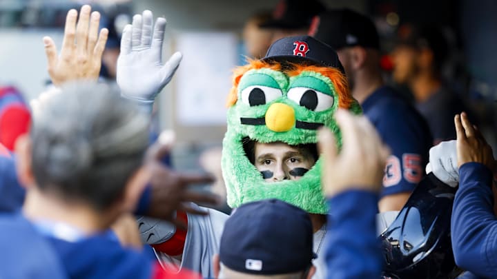 Jun 16, 2025; Seattle, Washington, USA; Boston Red Sox right fielder Roman Anthony (19) celebrates in the dugout after hitting a solo-home run against the Seattle Mariners during the first inning at T-Mobile Park. Mandatory Credit: Joe Nicholson-Imagn Images