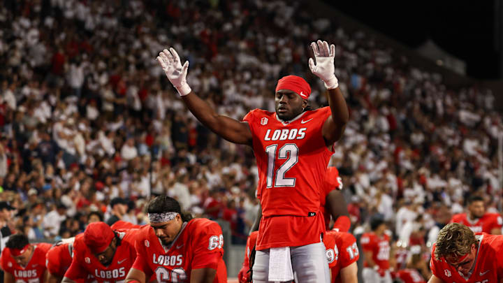 Aug 31, 2024; Tucson, Arizona, USA; New Mexico Lobos wide receiver Caleb Medford (12) takes a moment at the beginning of the game at Arizona Stadium. Mandatory Credit: Aryanna Frank-Imagn Images