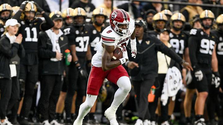 Nov 9, 2024; Nashville, Tennessee, USA; South Carolina Gamecocks wide receiver Nyck Harbor (8) runs the ball after a made catch against the Vanderbilt Commodores during the first half at FirstBank Stadium. Mandatory Credit: Steve Roberts-Imagn Images Nov 9, 2024; Nashville, Tennessee, USA; South Carolina Gamecocks wide receiver Nyck Harbor (8) runs the ball after a made catch against the Vanderbilt Commodores during the first half at FirstBank Stadium. Mandatory Credit: Steve Roberts-Imagn Images