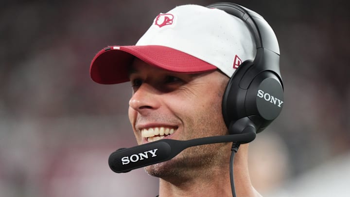 Arizona Cardinals head coach Jonathan Gannon smiles on the sidelines as his team plays against the Las Vegas Raiders at State Farm Stadium in Glendale, on Aug. 23, 2025. Arizona Cardinals head coach Jonathan Gannon smiles on the sidelines as his team plays against the Las Vegas Raiders at State Farm Stadium in Glendale, on Aug. 23, 2025.
