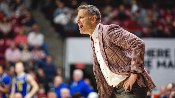 Dec 29, 2024; Tuscaloosa, Alabama, USA; Alabama Crimson Tide head coach Nate Oats reacts to a play against the South Dakota State Jackrabbits during the first half at Coleman Coliseum. Mandatory Credit: Will McLelland-Imagn Images