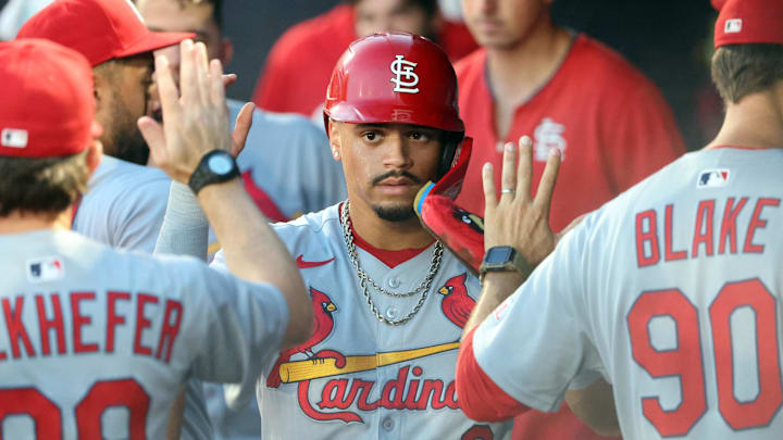 Aug 22, 2025; St. Petersburg, Florida, USA; St. Louis Cardinals shortstop Masyn Winn (0) is congratulated after he scored a run during the second inning against the Tampa Bay Rays at George M. Steinbrenner Field. Mandatory Credit: Kim Klement Neitzel-Imagn Images Aug 22, 2025; St. Petersburg, Florida, USA; St. Louis Cardinals shortstop Masyn Winn (0) is congratulated after he scored a run during the second inning against the Tampa Bay Rays at George M. Steinbrenner Field. Mandatory Credit: Kim Klement Neitzel-Imagn Images
