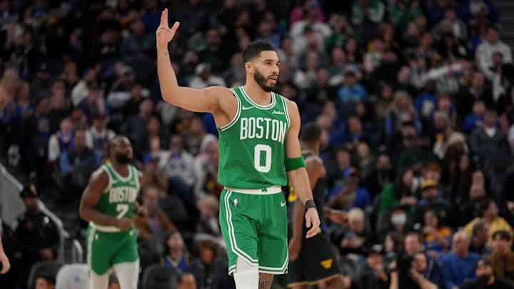Jan 20, 2025; San Francisco, California, USA; Boston Celtics forward Jayson Tatum (0) reacts after the Celtics made a three point basket against the Golden State Warriors in the third quarter at the Chase Center. Mandatory Credit: Cary Edmondson-Imagn Images