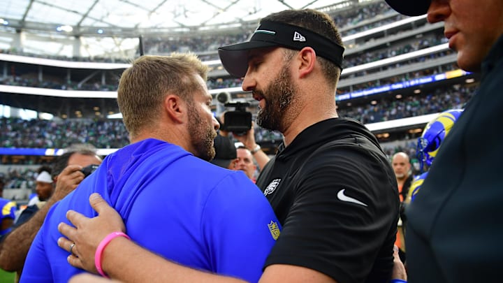 Oct 8, 2023; Inglewood, California, USA; Los Angeles Rams head coach Sean McVay meets with Philadelphia Eagles head coach Nick Sirianni following the game at SoFi Stadium. Mandatory Credit: Gary A. Vasquez-Imagn Images