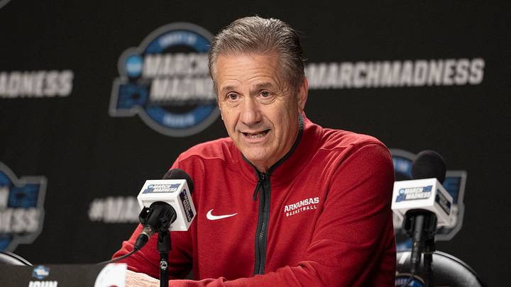 March 25, 2026; San Jose, CA, USA; Arkansas Razorbacks head coach John Calipari addresses the media in a press conference during a practice session ahead of the west regional of the men's 2026 NCAA Tournament at SAP Center. Mandatory Credit: Kyle Terada-Imagn Images