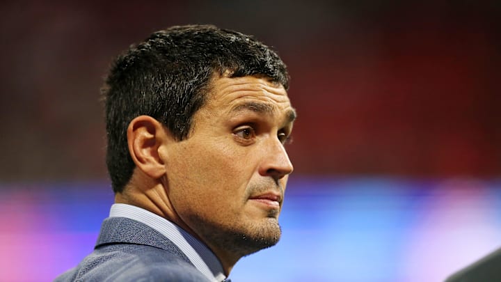 Dec 31, 2022; Atlanta, Georgia, USA; ESPN analyst and Georgia Bulldogs former player David Pollack looks on before the 2022 Peach Bowl against the Ohio State Buckeyes at Mercedes-Benz Stadium. Mandatory Credit: Brett Davis-Imagn Images