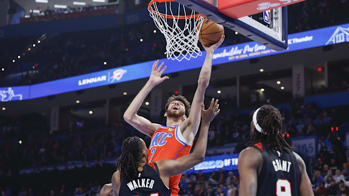 Jan 23, 2024; Oklahoma City, Oklahoma, USA; Oklahoma City Thunder forward Chet Holmgren (7) shoots over Portland Trail Blazers forward Jabari Walker (34) during the second half at Paycom Center. Mandatory Credit: Alonzo Adams-Imagn Images