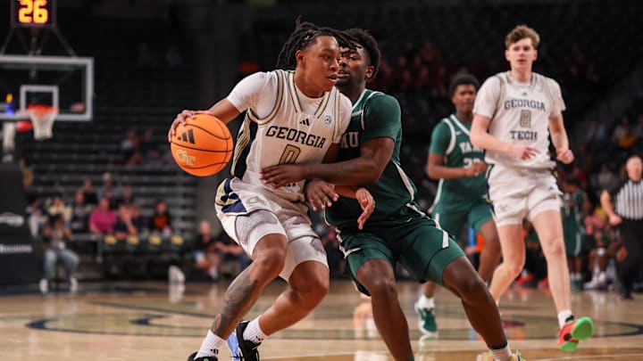 Dec 28, 2025; Atlanta, Georgia, USA; Georgia Tech Yellow Jackets guard Akai Fleming (0) drives to the basket against the Florida A&M Rattlers in the second half at McCamish Pavilion. Mandatory Credit: Brett Davis-Imagn Images