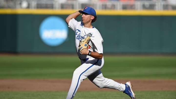 Jun 24, 2023; Omaha, NE, USA; Florida Gators pitcher Brandon Sproat (8) throws against the LSU Tigers in the second inning at Charles Schwab Field Omaha. Mandatory Credit: Steven Branscombe-USA TODAY Sports Jun 24, 2023; Omaha, NE, USA; Florida Gators pitcher Brandon Sproat (8) throws against the LSU Tigers in the second inning at Charles Schwab Field Omaha. Mandatory Credit: Steven Branscombe-USA TODAY Sports
