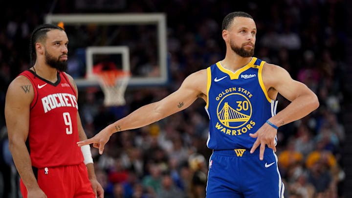 Apr 6, 2025; San Francisco, California, USA; Golden State Warriors guard Stephen Curry (30) reacts in front of Houston Rockets guard Dillon Brooks (9) after the Rockets attempted a free throw in the third quarter at the Chase Center. Mandatory Credit: Cary Edmondson-Imagn Images