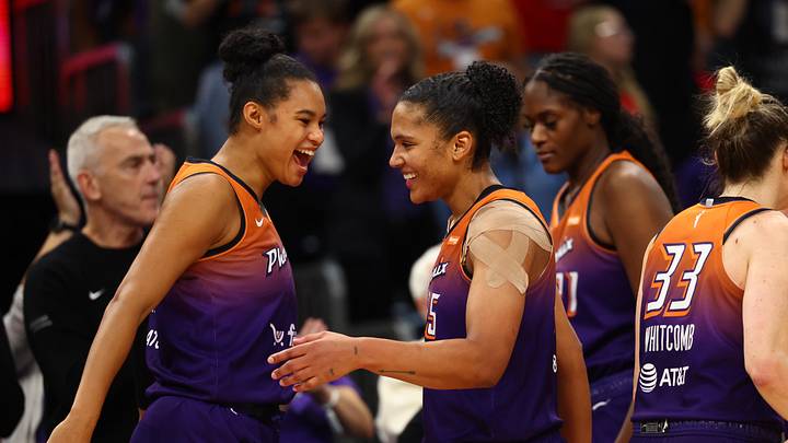 Aug 7, 2025; Phoenix, Arizona, USA; Phoenix Mercury forward Alyssa Thomas (right) celebrates with Satou Sabally after becoming the first player in WNBA history to record three triple doubles in a row against the Indiana Fever at PHX Arena. Mandatory Credit: Mark J. Rebilas-Imagn Images
Aug 7, 2025; Phoenix, Arizona, USA; Phoenix Mercury forward Alyssa Thomas (right) celebrates with Satou Sabally after becoming the first player in WNBA history to record three triple doubles in a row against the Indiana Fever at PHX Arena. Mandatory Credit: Mark J. Rebilas-Imagn Images