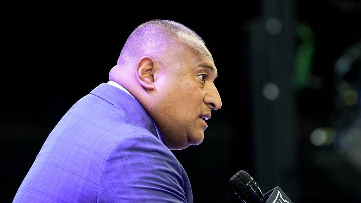 Jul 7, 2026; Frisco, TX, USA;  BYU head coach Kalani Sitake speaks with reporters during Big 12 Conference Football Media Days at The Star. Mandatory Credit: Raymond Carlin III-Imagn Images