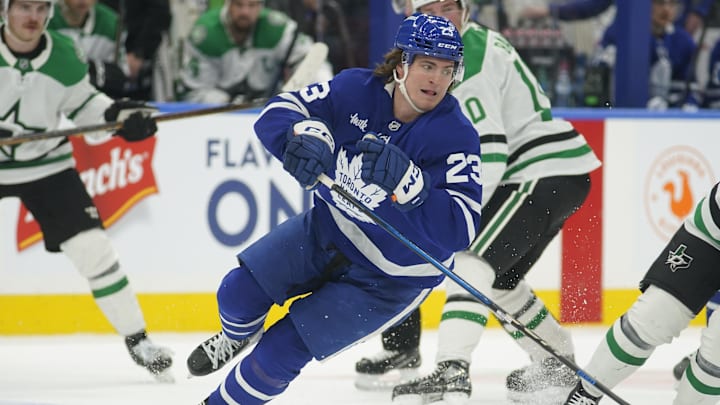 Jan 14, 2025; Toronto, Ontario, CAN; Toronto Maple Leafs forward Matthew Knies (23) skates against the Dallas Stars during the third period at Scotiabank Arena. Mandatory Credit: John E. Sokolowski-Imagn Images