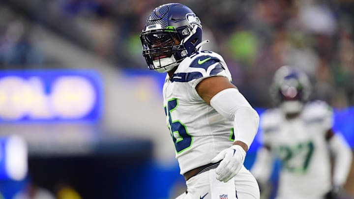 Dec 4, 2022; Inglewood, California, USA; Seattle Seahawks linebacker Jordyn Brooks (56) reacts