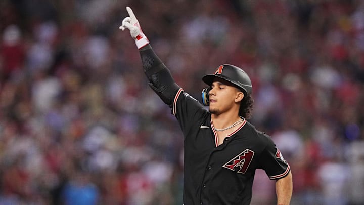 Oct 20, 2023; Phoenix, Arizona, USA; Arizona Diamondbacks center fielder Alek Thomas (5) celebrates