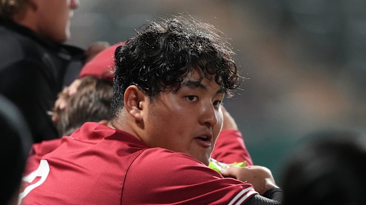 Mar 1, 2025; Stanford, CA, USA; Stanford Cardinal first baseman Rintaro Sasaki (3) leans against the dugout railing during the seventh inning against the Xavier Musketeers at Sunken Diamond. Mandatory Credit: Darren Yamashita-Imagn Images Mar 1, 2025; Stanford, CA, USA; Stanford Cardinal first baseman Rintaro Sasaki (3) leans against the dugout railing during the seventh inning against the Xavier Musketeers at Sunken Diamond. Mandatory Credit: Darren Yamashita-Imagn Images