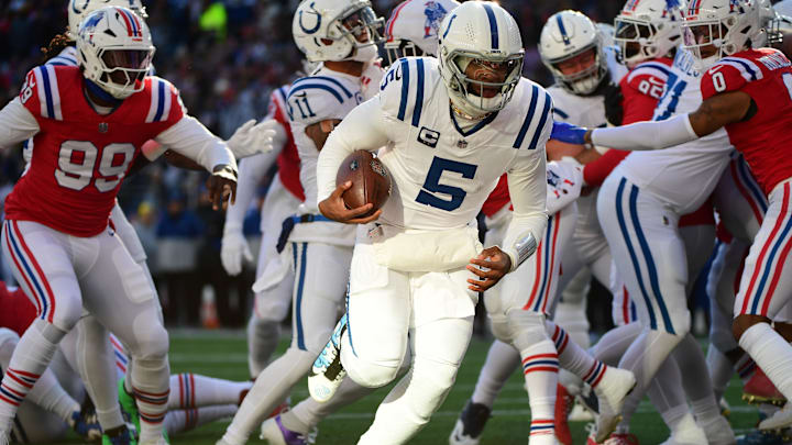 Dec 1, 2024; Foxborough, Massachusetts, USA;  Indianapolis Colts quarterback Anthony Richardson (5) runs the ball for a touchdown during the first half against the New England Patriots at Gillette Stadium. Mandatory Credit: Bob DeChiara-Imagn Images