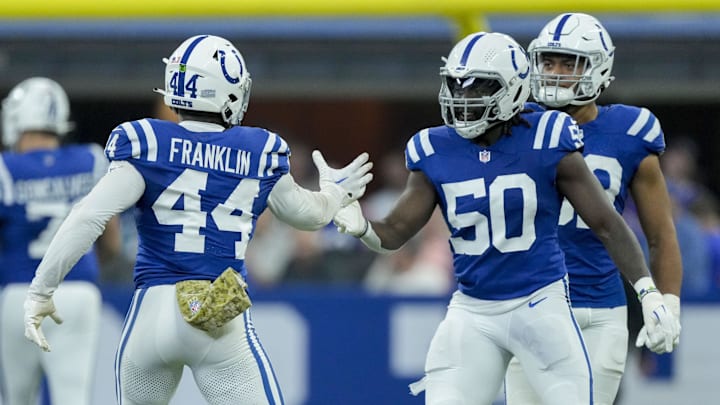 Nov 10, 2024; Indianapolis, Indiana, USA; Indianapolis Colts linebacker Zaire Franklin (44) and Indianapolis Colts defensive end Isaiah Land (55) celebrate a stop Sunday, Nov. 10, 2024, during a game against the Buffalo Bills at Lucas Oil Stadium in Indianapolis. Mandatory Credit: Grace Hollars-USA TODAY Network via Imagn Images