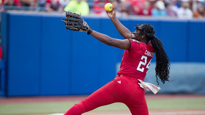  Texas Tech Red Raiders pitcher NiJaree Canady (24) . Mandatory Credit: Brett Rojo-Imagn Images