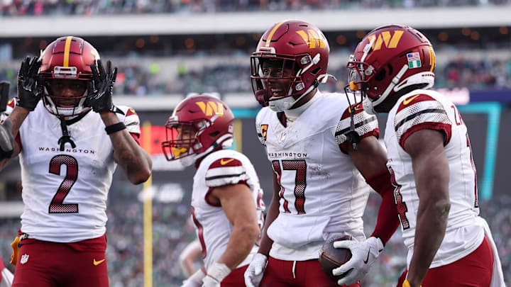 Jan 26, 2025; Philadelphia, PA, USA; Washington Commanders wide receiver Terry McLaurin (17) reacts after a play against the Philadelphia Eagles during the first half in the NFC Championship game at Lincoln Financial Field. Mandatory Credit: Bill Streicher-Imagn Images