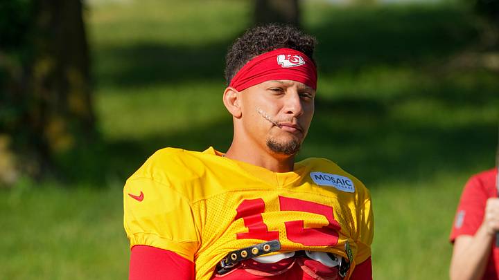 Aug 3, 2026; Kansas City, MO, USA; Kansas City Chiefs  quarterback Patrick Mahomes (15) walks down the hill to the fields prior to training camp at Missouri Western University. Mandatory Credit: Denny Medley-Imagn Images