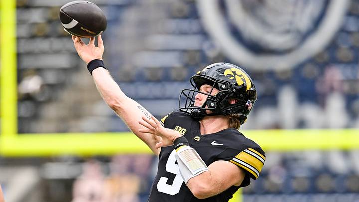 Sep 19, 2026; Iowa City, Iowa, USA;  Iowa Hawkeyes quarterback Hank Brown (9) warms up before the game against the UNI Panthers at Kinnick Stadium.  Mandatory Credit: Jeffrey Becker-Imagn Images