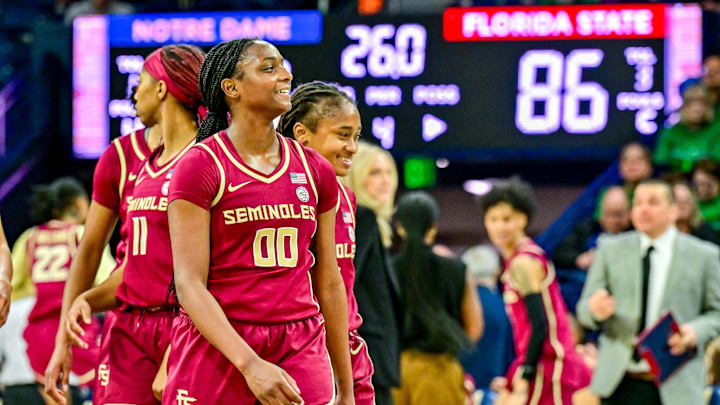 Feb 27, 2025; South Bend, Indiana, USA; Florida State Seminoles guard Ta'Niya Latson (00) reacts in the closing seconds against Notre Dame Fighting Irish at the Purcell Pavilion. Mandatory Credit: Matt Cashore-Imagn Images