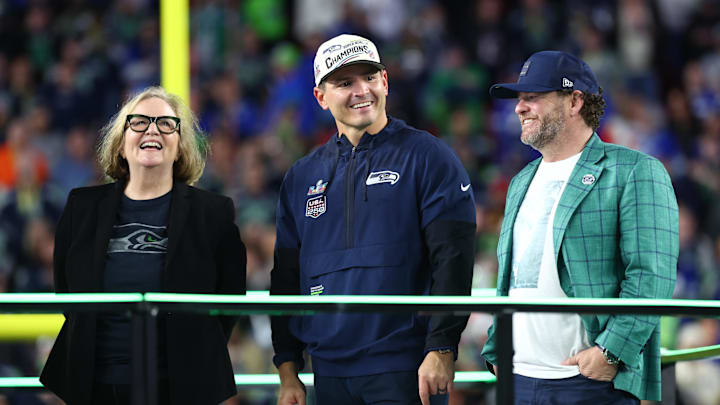 Seattle Seahawks chairman Jody Allen, head coach Mike MacDonald, and general manager John Schneider