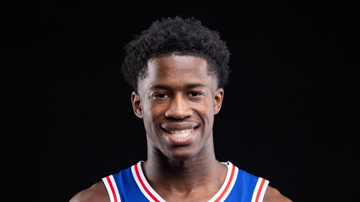 Sep 26, 2025; Camden, NJ, USA; Philadelphia 76ers VJ Edgecombe (77) poses for a photo during media day. Mandatory Credit: Bill Streicher-Imagn Images Sep 26, 2025; Camden, NJ, USA; Philadelphia 76ers VJ Edgecombe (77) poses for a photo during media day. Mandatory Credit: Bill Streicher-Imagn Images