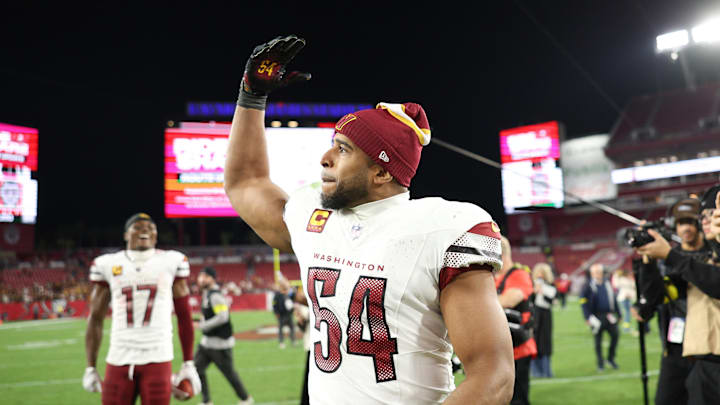 Washington Commanders linebacker Bobby Wagner celebrates after winning a NFC wild card playoff. Washington Commanders linebacker Bobby Wagner celebrates after winning a NFC wild card playoff.