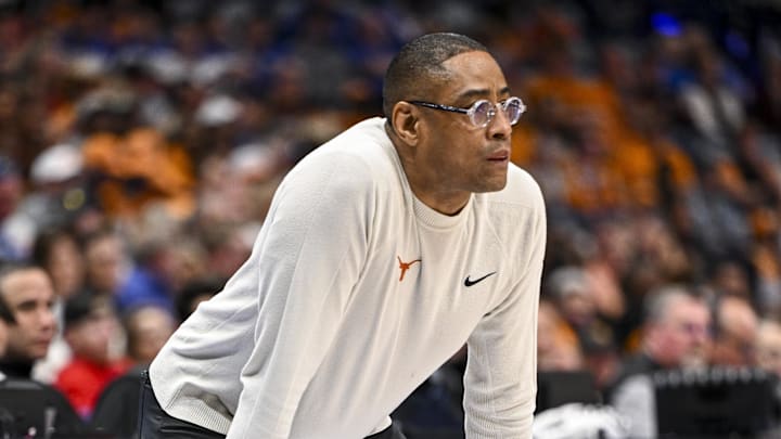 Mar 14, 2025; Nashville, TN, USA;  Texas Longhorns head coach Rodney Terry watches his team against the Tennessee Volunteers during the second half at Bridgestone Arena. Mandatory Credit: Steve Roberts-Imagn Images
