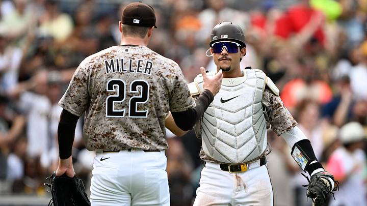 Sep 20, 2026; San Diego, California, USA; San Diego Padres pitcher Mason Miller (22) and catcher Ethan Salas (8) celebrate after the Padres beat the Miami Marlins at Petco Park. Mandatory Credit: Denis Poroy-Imagn Images Sep 20, 2026; San Diego, California, USA; San Diego Padres pitcher Mason Miller (22) and catcher Ethan Salas (8) celebrate after the Padres beat the Miami Marlins at Petco Park. Mandatory Credit: Denis Poroy-Imagn Images