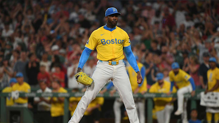 Jul 26, 2025; Boston, Massachusetts, USA;  Boston Red Sox relief pitcher Aroldis Chapman (44) pitches during the ninth inning against the Los Angeles Dodgers at Fenway Park. Mandatory Credit: Bob DeChiara-Imagn Images