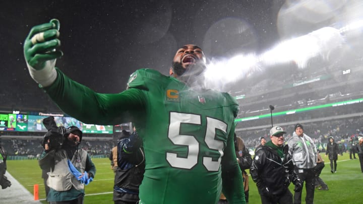 Nov 26, 2023; Philadelphia, Pennsylvania, USA; Philadelphia Eagles defensive end Brandon Graham (55) walks off the field after overtime win against the Buffalo Bills at Lincoln Financial Field. 