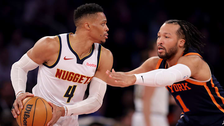 Jan 29, 2025; New York, New York, USA; Denver Nuggets guard Russell Westbrook (4) controls the ball against New York Knicks guard Jalen Brunson (11) during the first quarter at Madison Square Garden. Mandatory Credit: Brad Penner-Imagn Images Jan 29, 2025; New York, New York, USA; Denver Nuggets guard Russell Westbrook (4) controls the ball against New York Knicks guard Jalen Brunson (11) during the first quarter at Madison Square Garden. Mandatory Credit: Brad Penner-Imagn Images