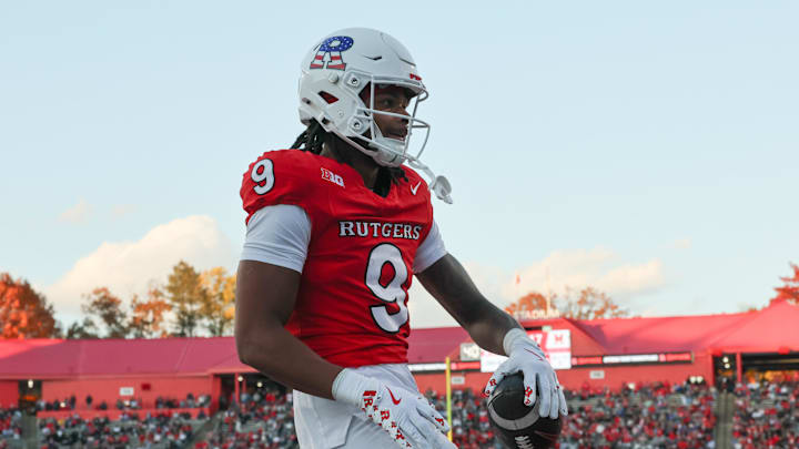 Nov 8, 2025; Piscataway, New Jersey, USA; Rutgers Scarlet Knights wide receiver Ian Strong (9) celebrates after a touchdown reception during the first half against the Maryland Terrapins at SHI Stadium. Credit: Vincent Carchietta-Imagn Images Nov 8, 2025; Piscataway, New Jersey, USA; Rutgers Scarlet Knights wide receiver Ian Strong (9) celebrates after a touchdown reception during the first half against the Maryland Terrapins at SHI Stadium. Credit: Vincent Carchietta-Imagn Images
