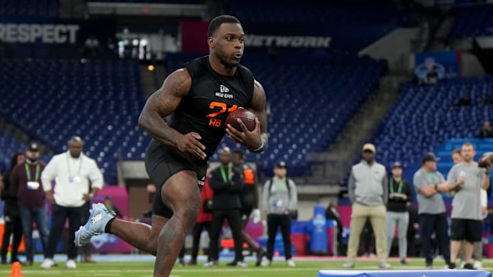Mar 1, 2025; Indianapolis, IN, USA; Southern California running back Woody Marks (RB21) during the 2025 NFL Combine at Lucas Oil Stadium. Mandatory Credit: Kirby Lee-Imagn Images