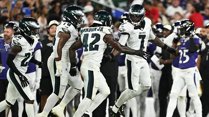 Aug 15, 2026; Baltimore, Maryland, USA; Philadelphia Eagles cornerback Kelee Ringo (7) celebrates with teammates after making an interception in the end zone to stop a Baltimore Ravens drive in the second quarter at M&T Bank Stadium. Mandatory Credit: Jamie Sabau-Imagn Images Aug 15, 2026; Baltimore, Maryland, USA; Philadelphia Eagles cornerback Kelee Ringo (7) celebrates with teammates after making an interception in the end zone to stop a Baltimore Ravens drive in the second quarter at M&T Bank Stadium. Mandatory Credit: Jamie Sabau-Imagn Images
