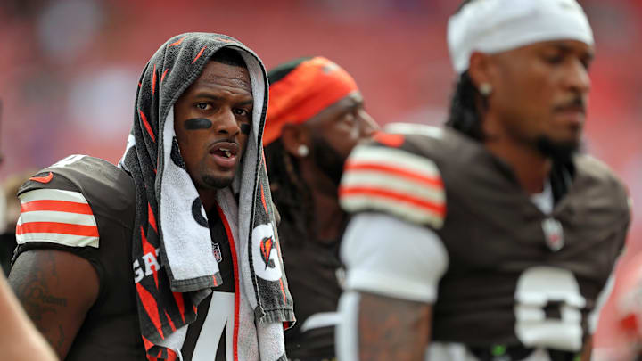 Cleveland Browns quarterback Deshaun Watson heads back to the locker room with his teammates before an NFL football game at Huntington Bank Field, Sunday, Sept. 22, 2024, in Cleveland, Ohio.
